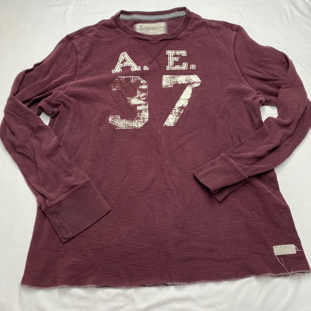 American Eagle Mens XXL Waffle Knit Thermal Shirt Burgundy A.E. 37 Graphic L/S
